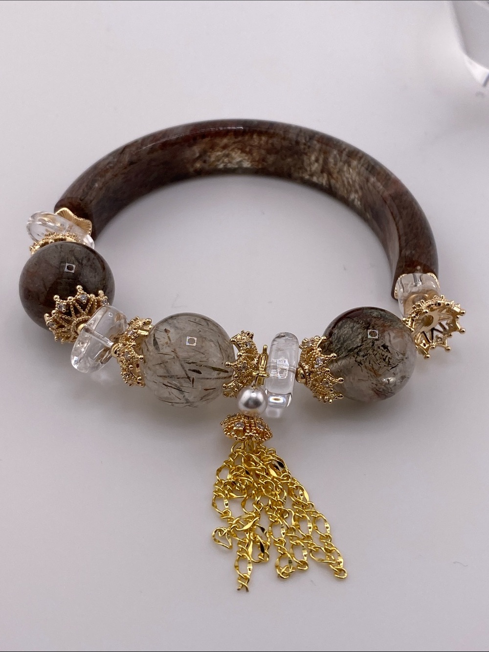 Authentic Copper & Smoky Rutilated Quartz Half-Bangle Charm Bracelet